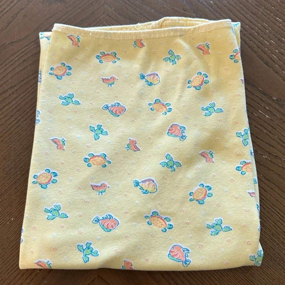 Vintage Carters Yellow Sea Life Receiving Blanket Turtle Fish Bird Print 33x28
